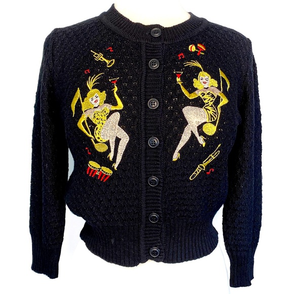 ♥️ Showgirls Cardigan in Black size Large, embroidered pin up sexy - Picture 1 of 6